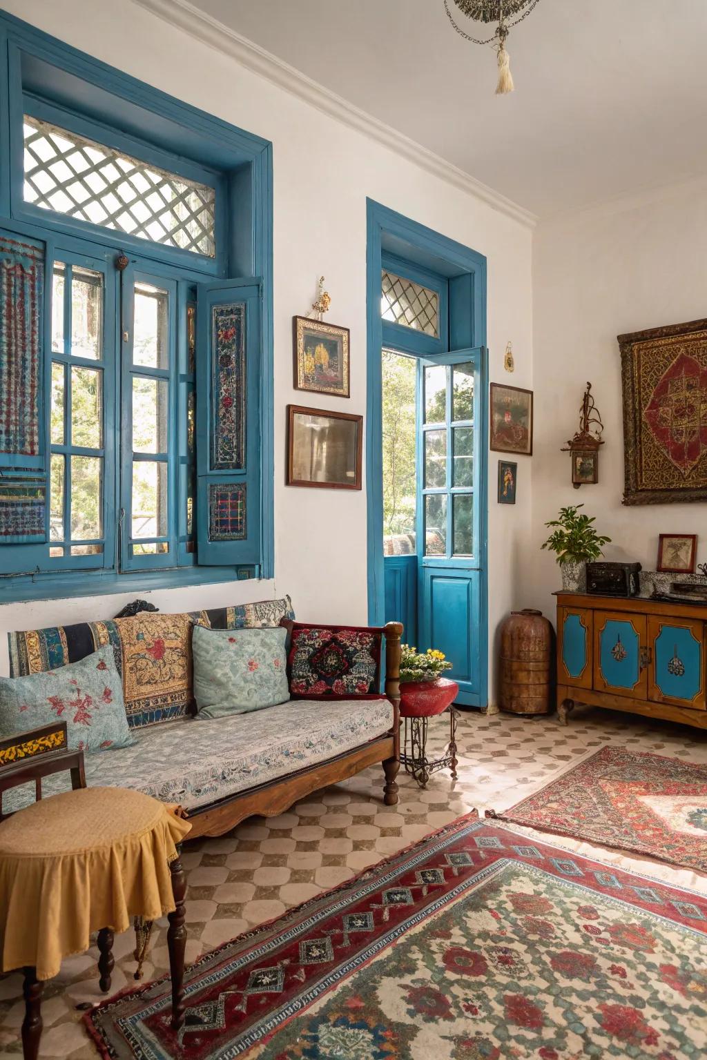 Classic blue frames create a charming retro ambiance.