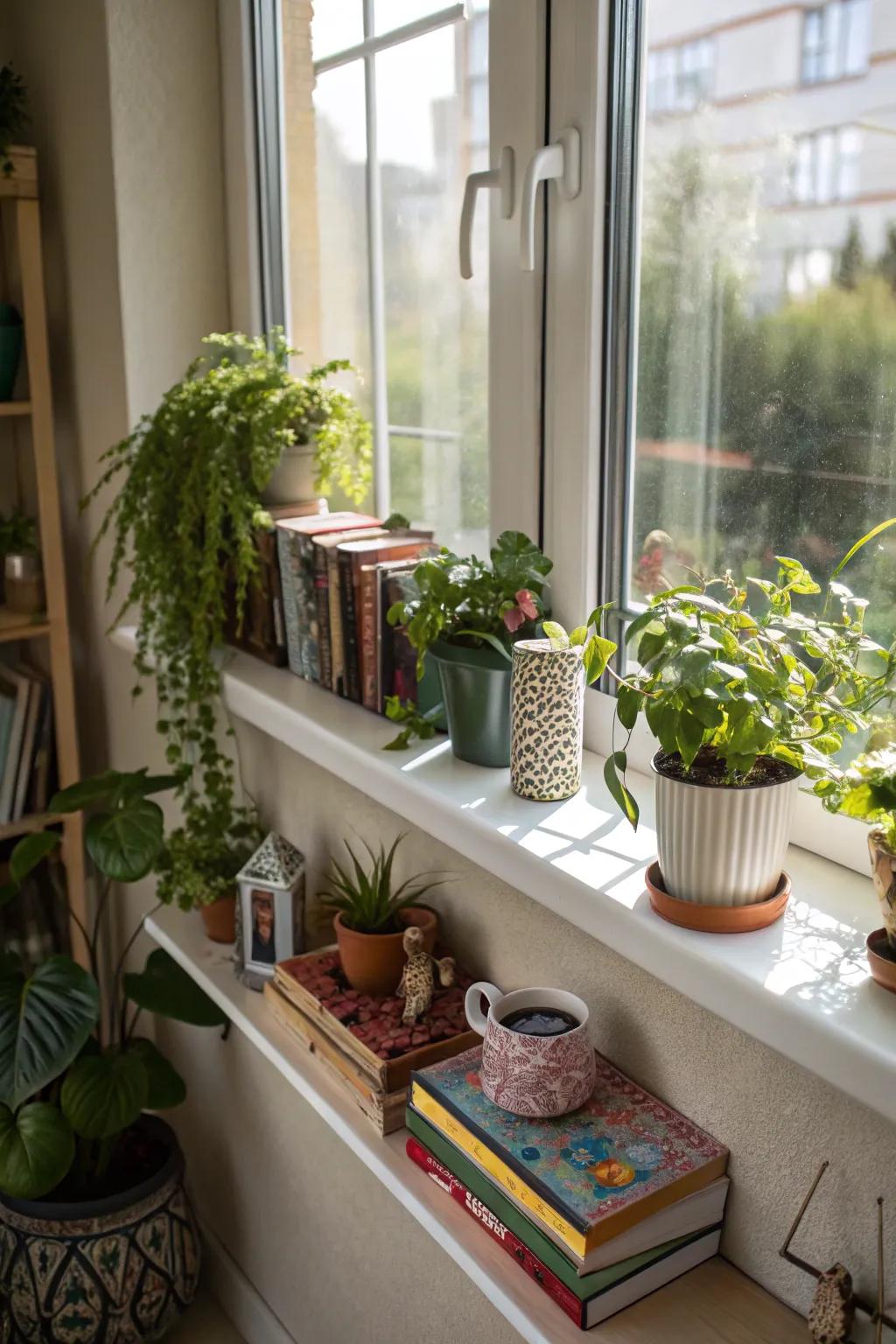 A floating shelf extension on a window sill, providing additional storage and display space.