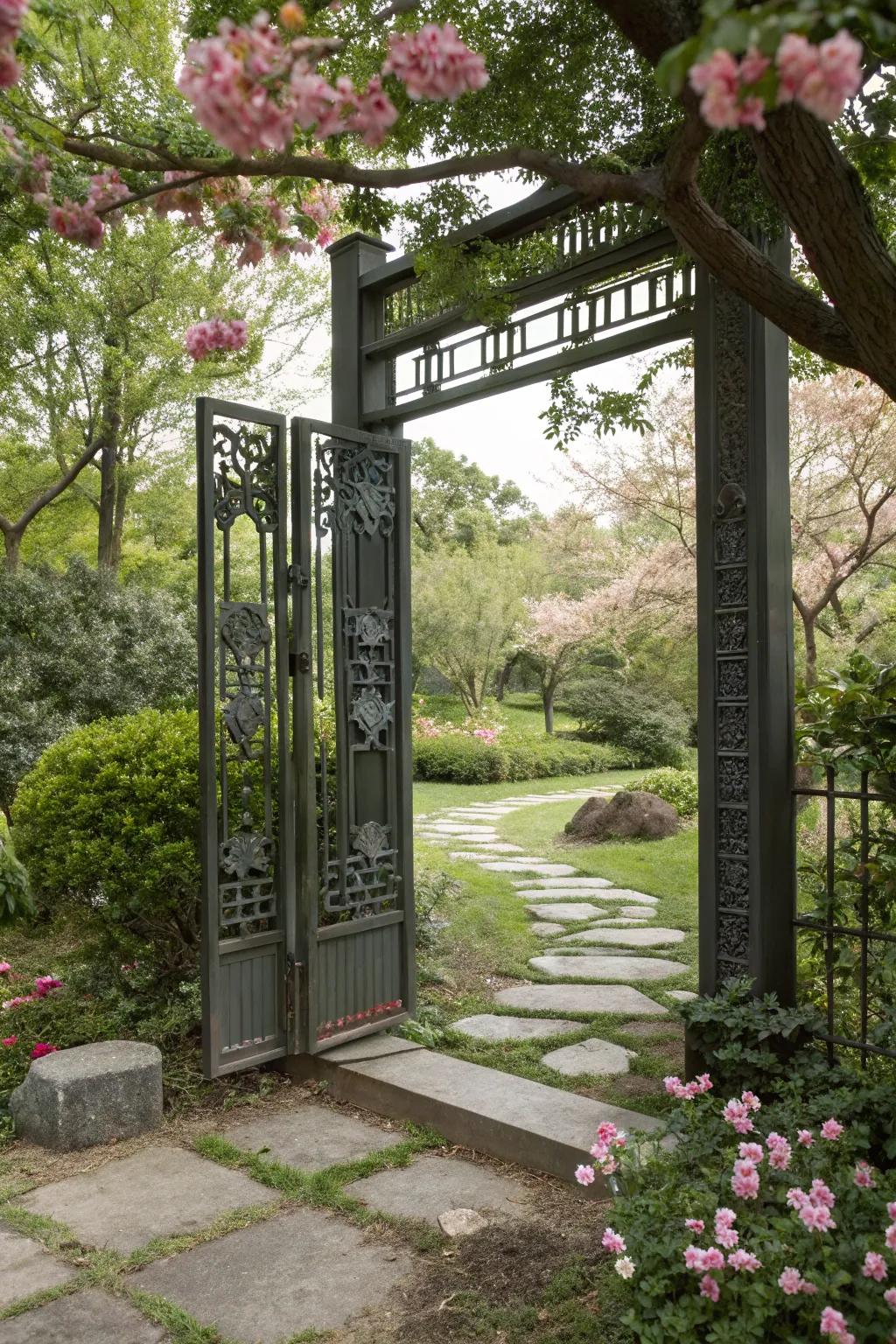 An Asian-inspired iron gate offering serenity and elegance.