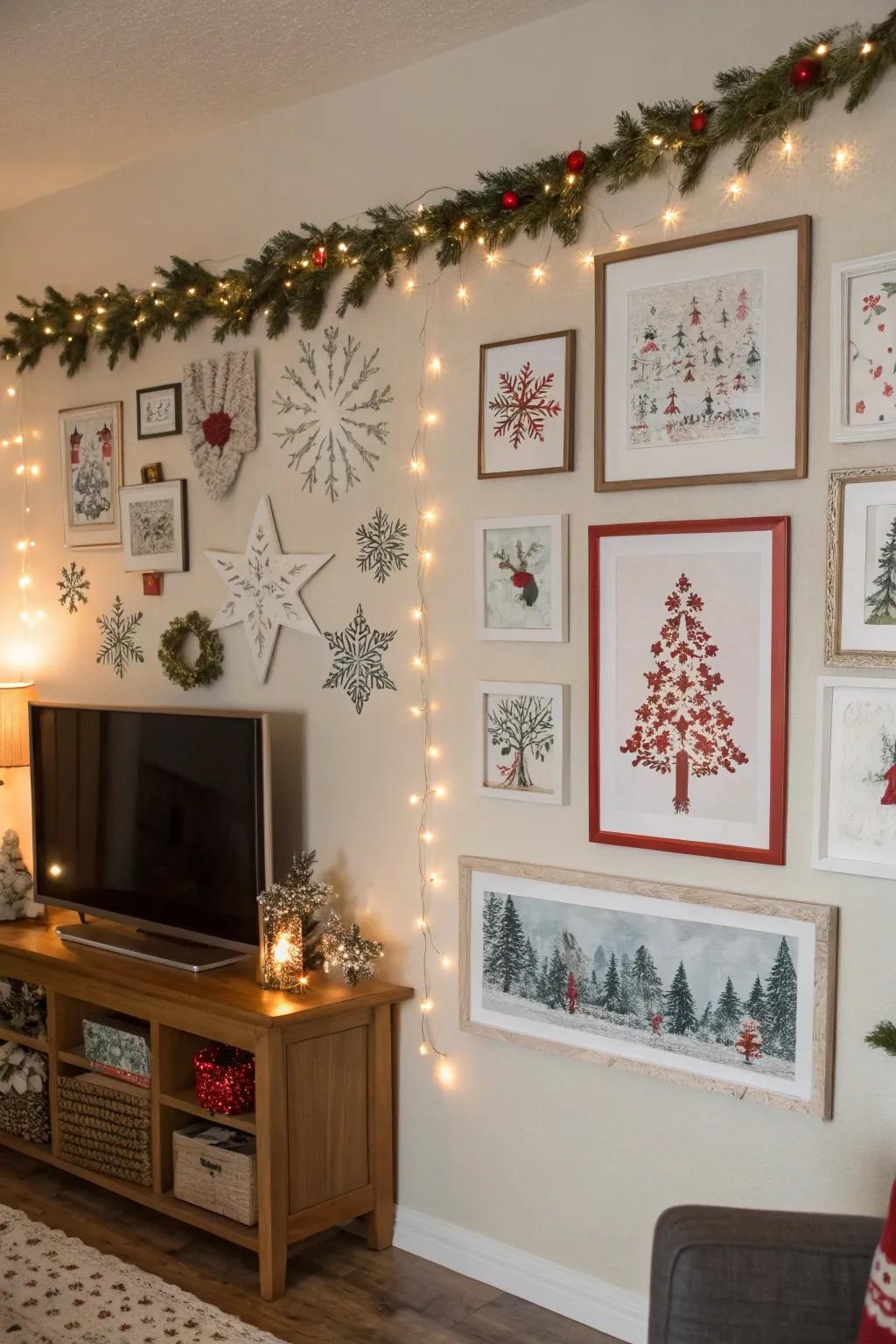 Seasonal artwork enhances the winter atmosphere.