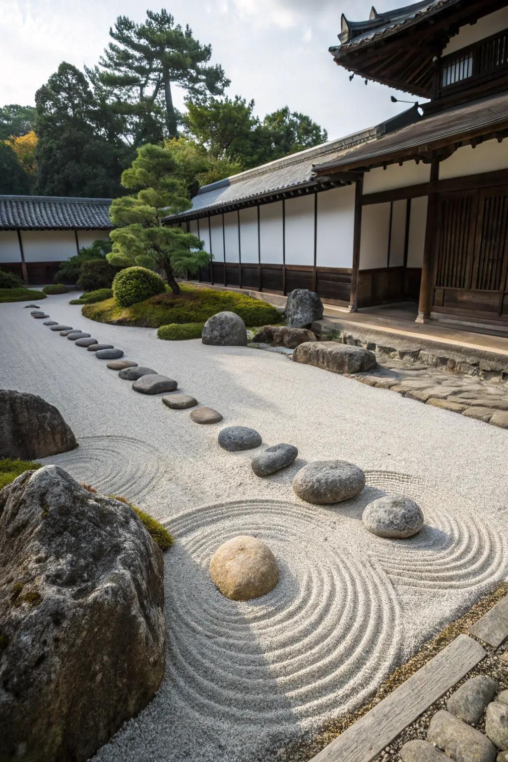 A karesansui gravel garden exhibiting carefully positioned stones.