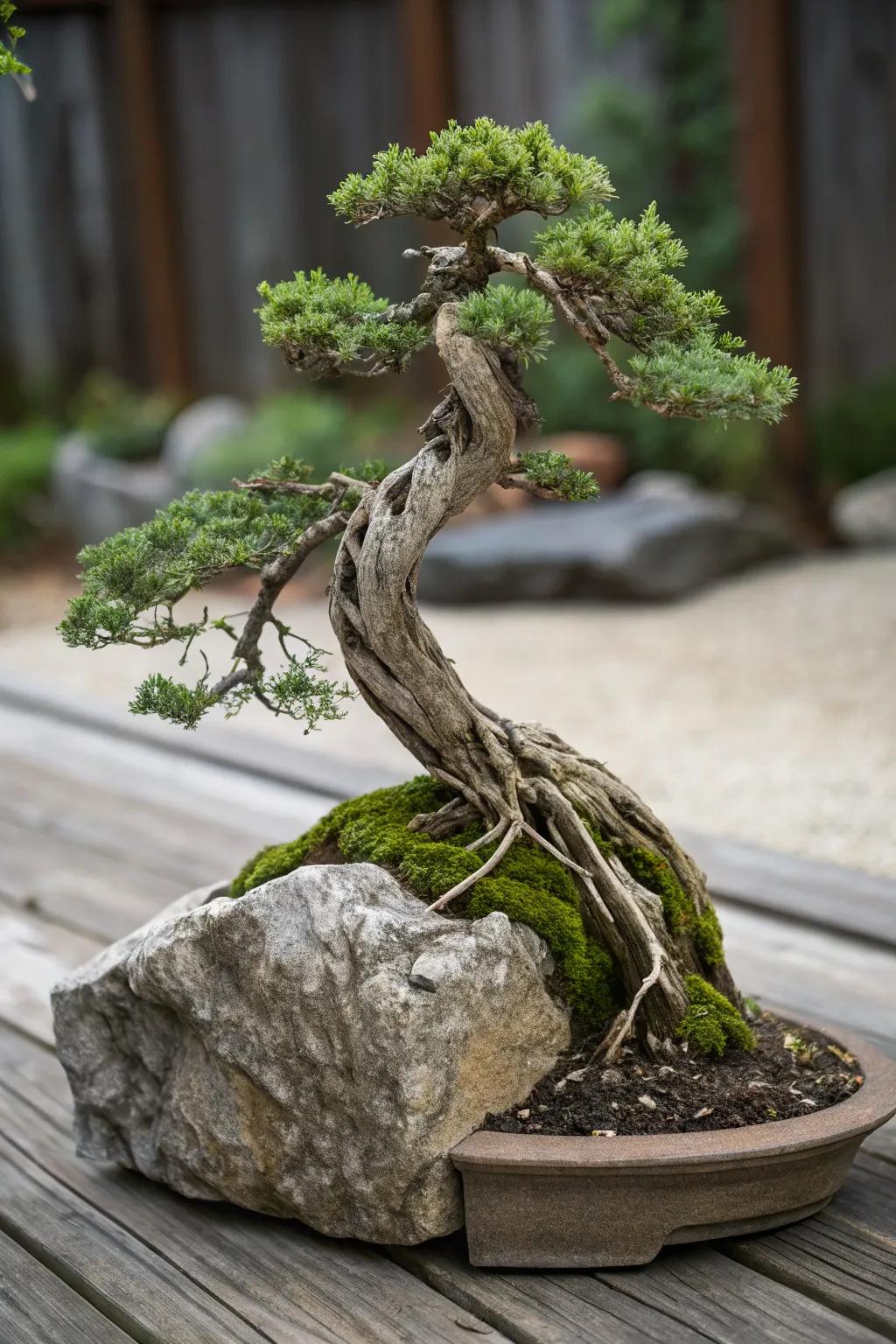 A root-over-stone juniper bonsai underscoring nature’s dominion upon a natural stone.