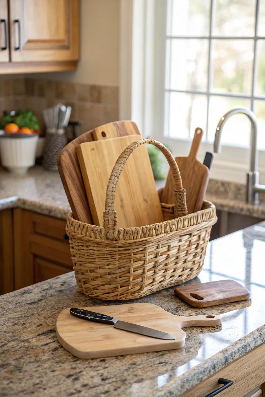 A basket brimming with boards brings texture and coziness to the kitchen.