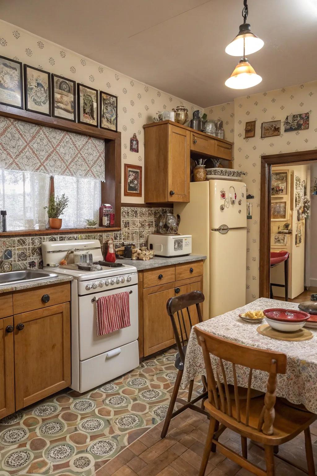 Vintage prints add a nostalgic and charming touch to your kitchen.