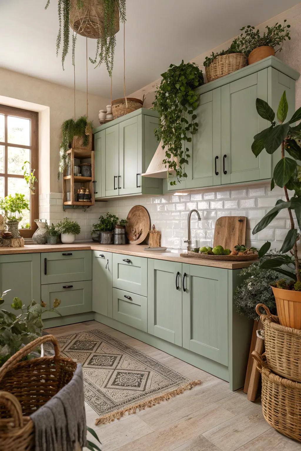 Sage green cabinets create a tranquil and serene kitchen.