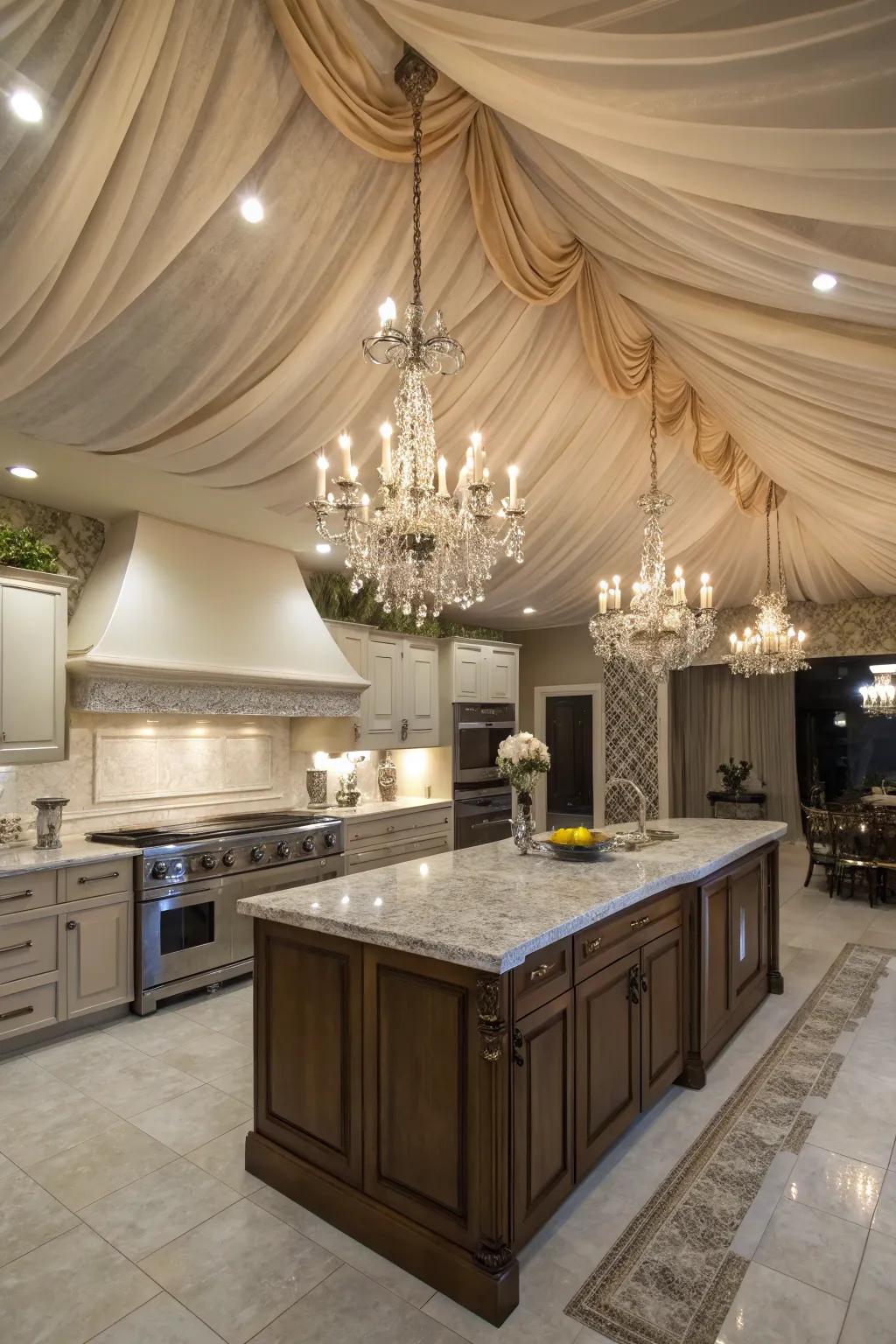 Incorporate luxury using a fabric-covered ceiling.