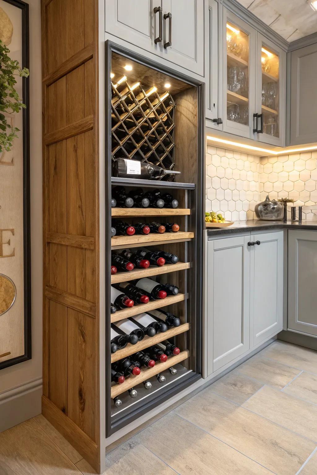 A built-in wine display turns a corner cabinet into a focal point.