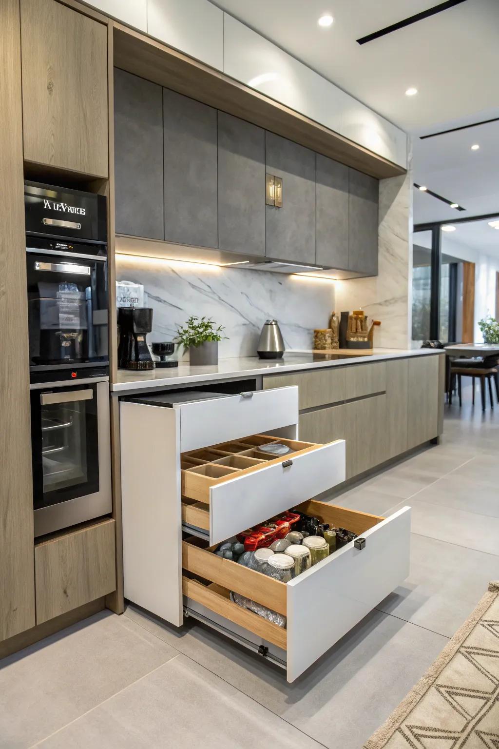 Find extra keeping with cleverly hidden drawers in your kitchen.