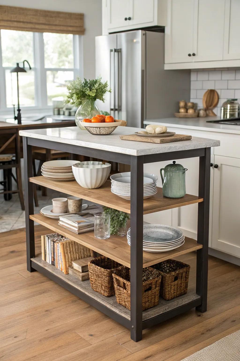 Transparent shelving infuses functionality and style into a kitchen island.