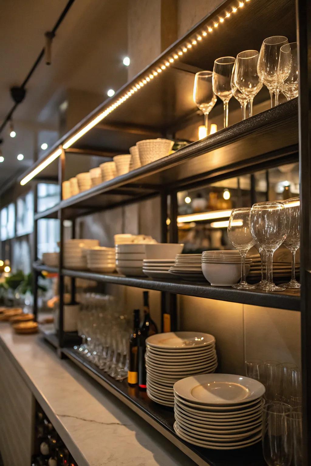 Ambient lighting can highlight your kitchen shelves and create a warm atmosphere.