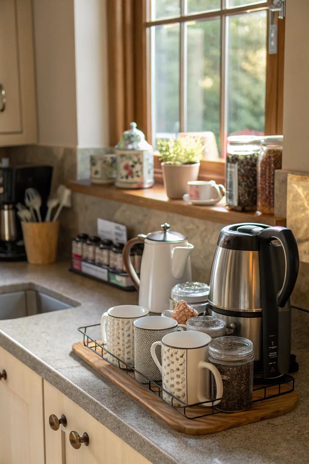 A dedicated coffee or tea station adds convenience and charm to the kitchen.