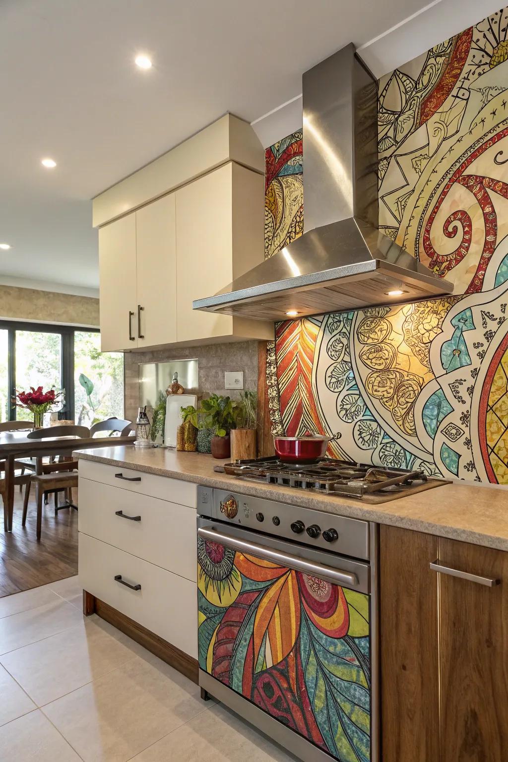 An artistic panel guard in a kitchen adds unique style and functionality.