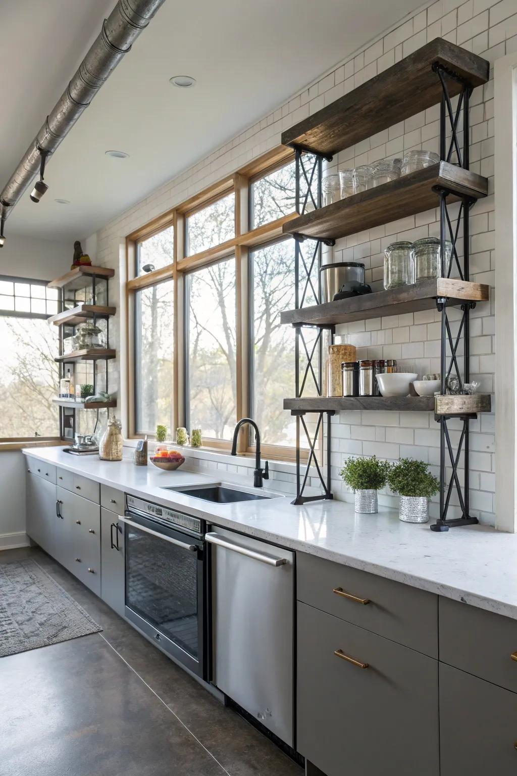 Industrial-style metal brackets adding an edgy touch to the kitchen shelves.