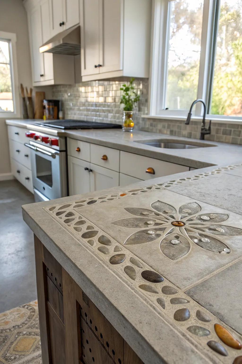 A cooking space with engineered stone worktops accented by unique stone inlays.