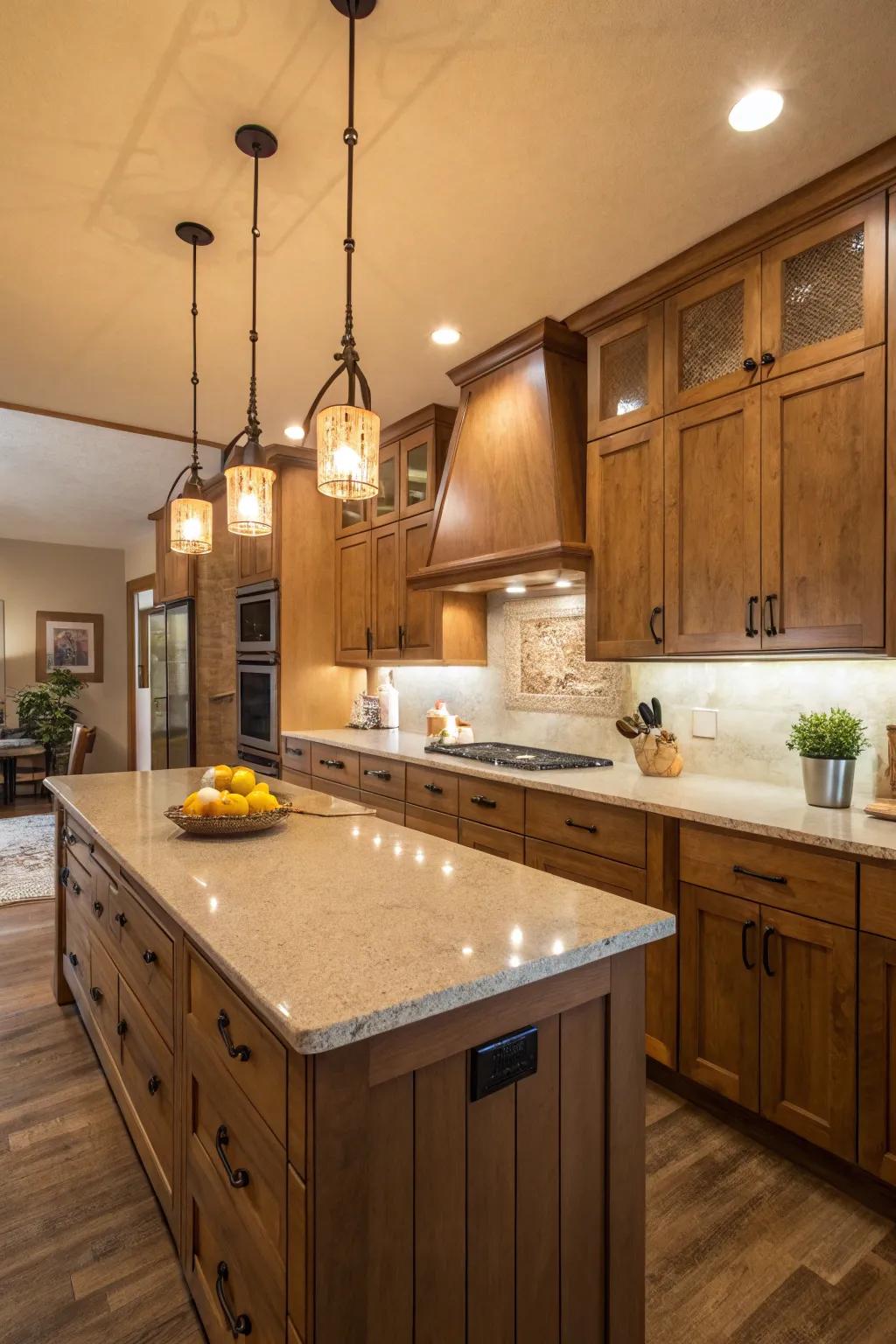 Warm-toned quartz countertops creating a cozy ambiance.