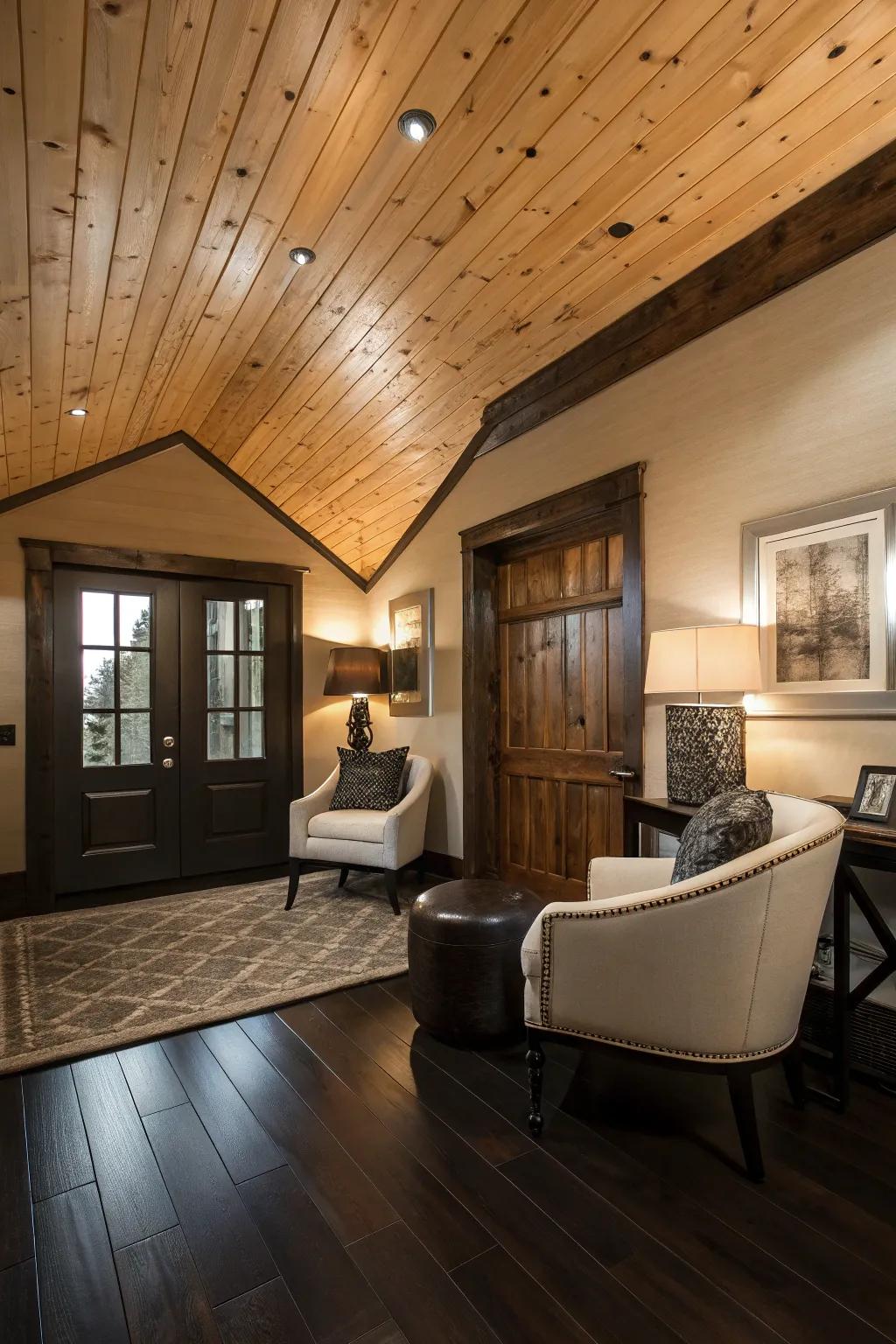 A fashionable room where dark floors provide a striking contrast to the pine planked ceiling.