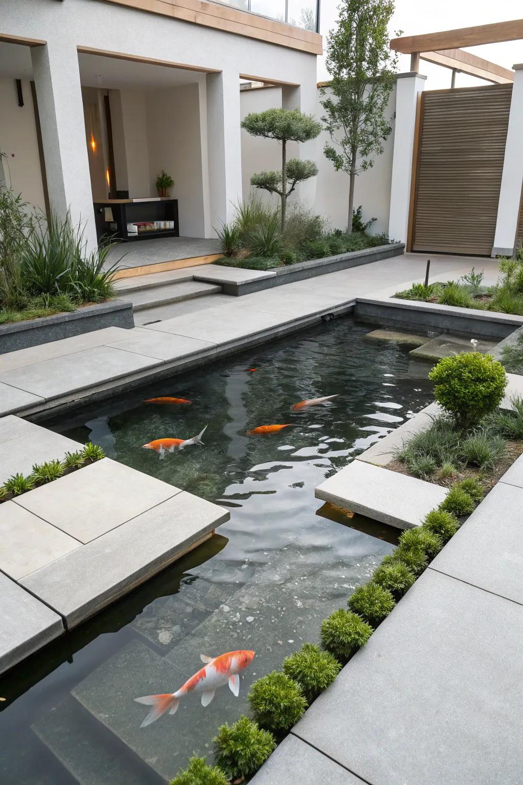 Concrete and geometry create a modern aesthetic for koi ponds.