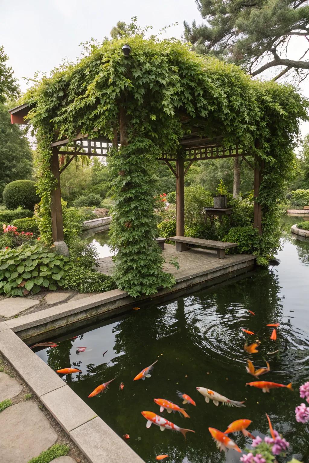 A koi pond shaded by an arbor with lush climbing vines.