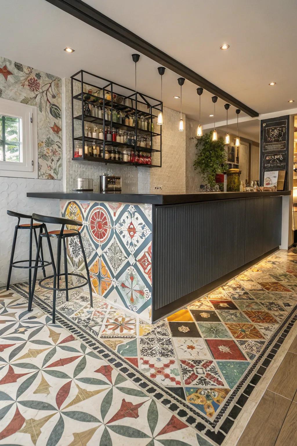 Patterned pieces add a varied feature to this bar.