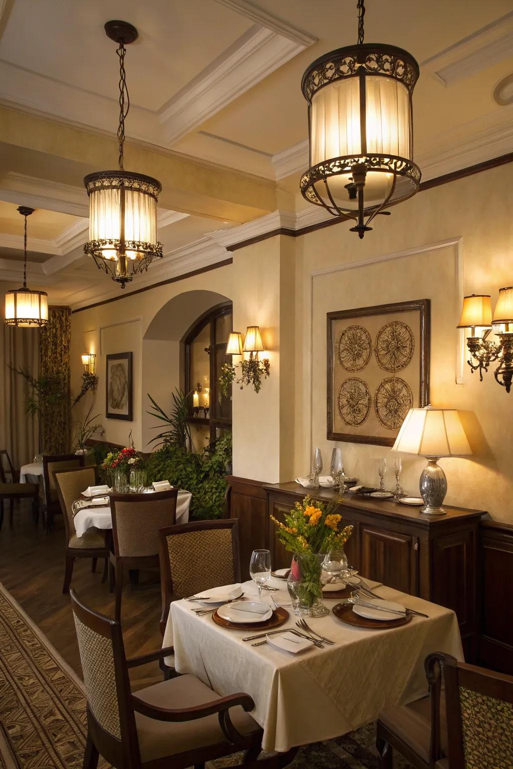 Layered illumination permits versatile ambiance management.