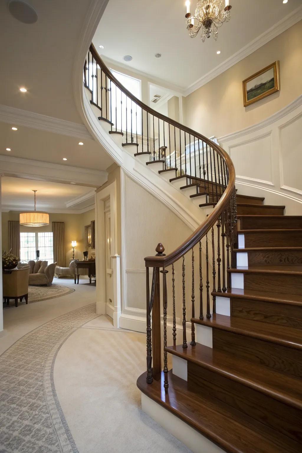 Curved banister creating a soft, elegant flow.
