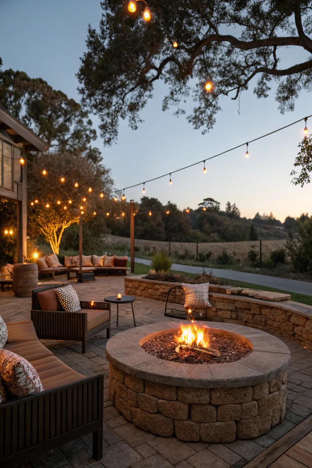 Thoughtful lighting enhances the fire pit's appeal and ensures safety.