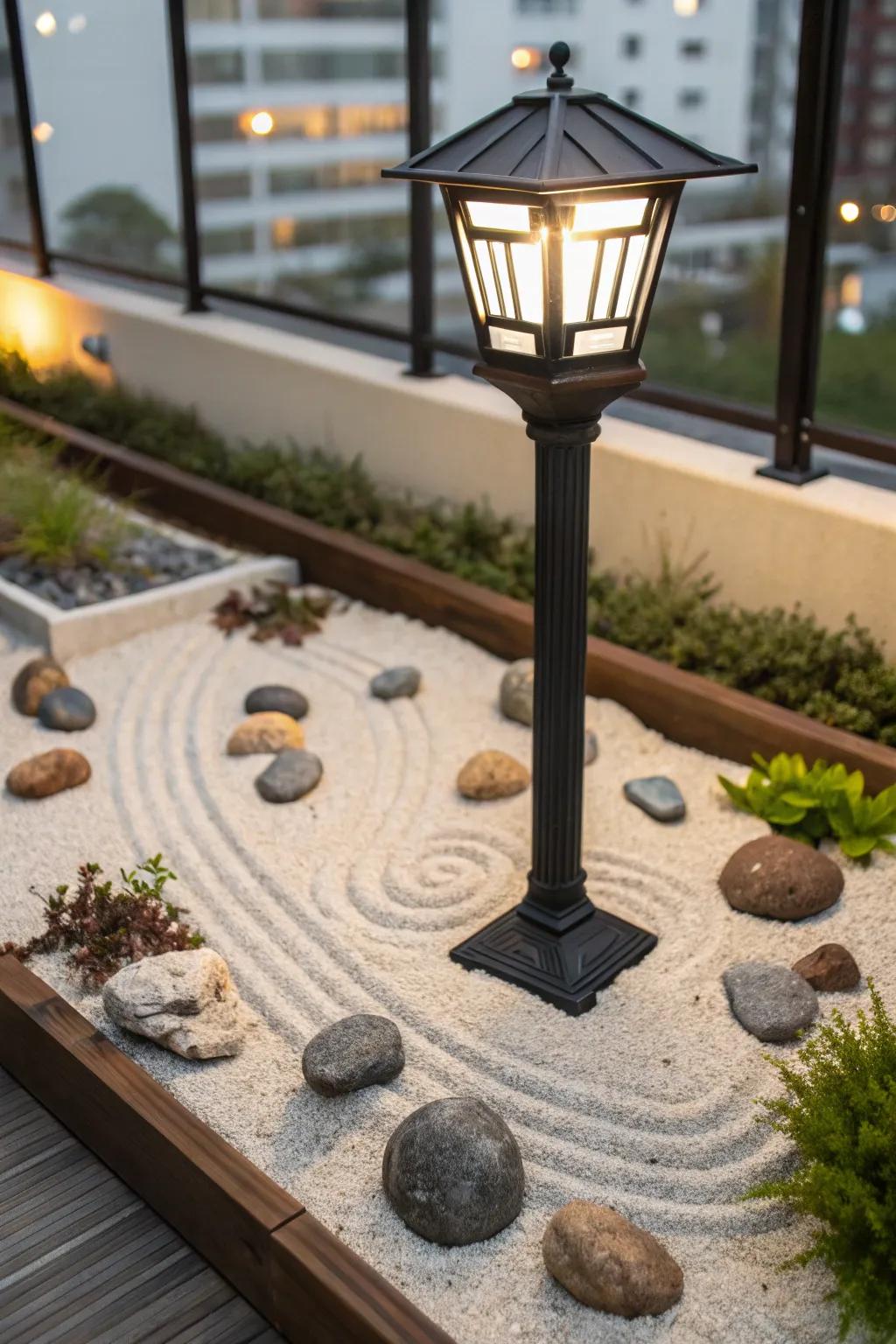 A Harmony garden imparting tranquility to a standing light setting.