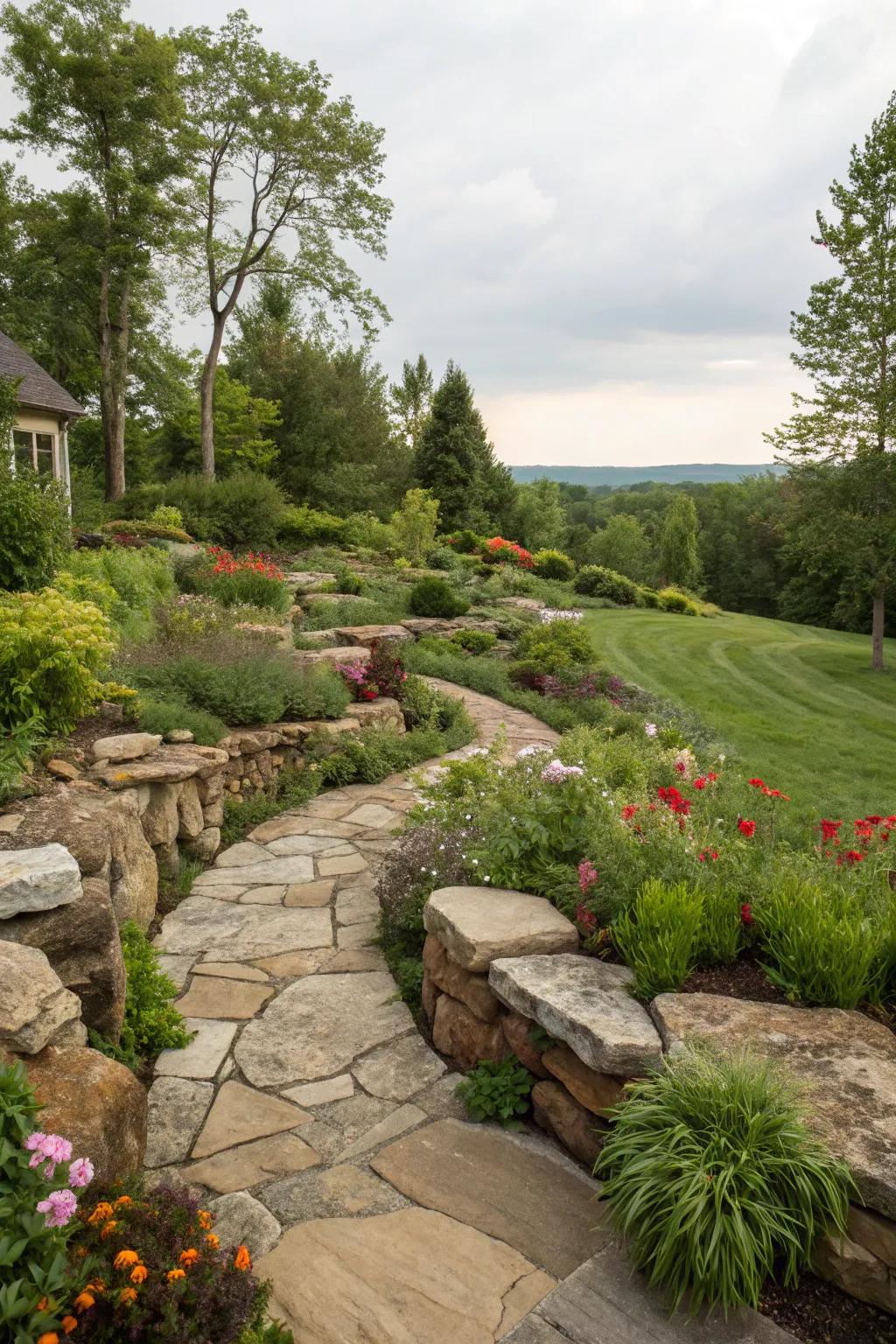 A garden with natural stone elements, enhancing its rugged beauty.