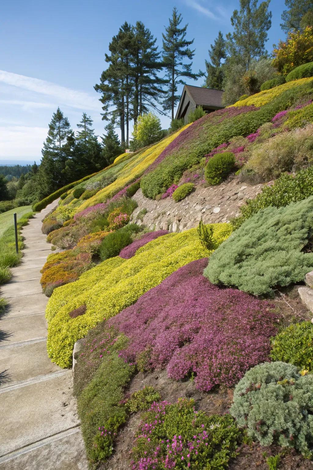 Vibrant ground covers impart vivacity and aid in stabilizing slopes.