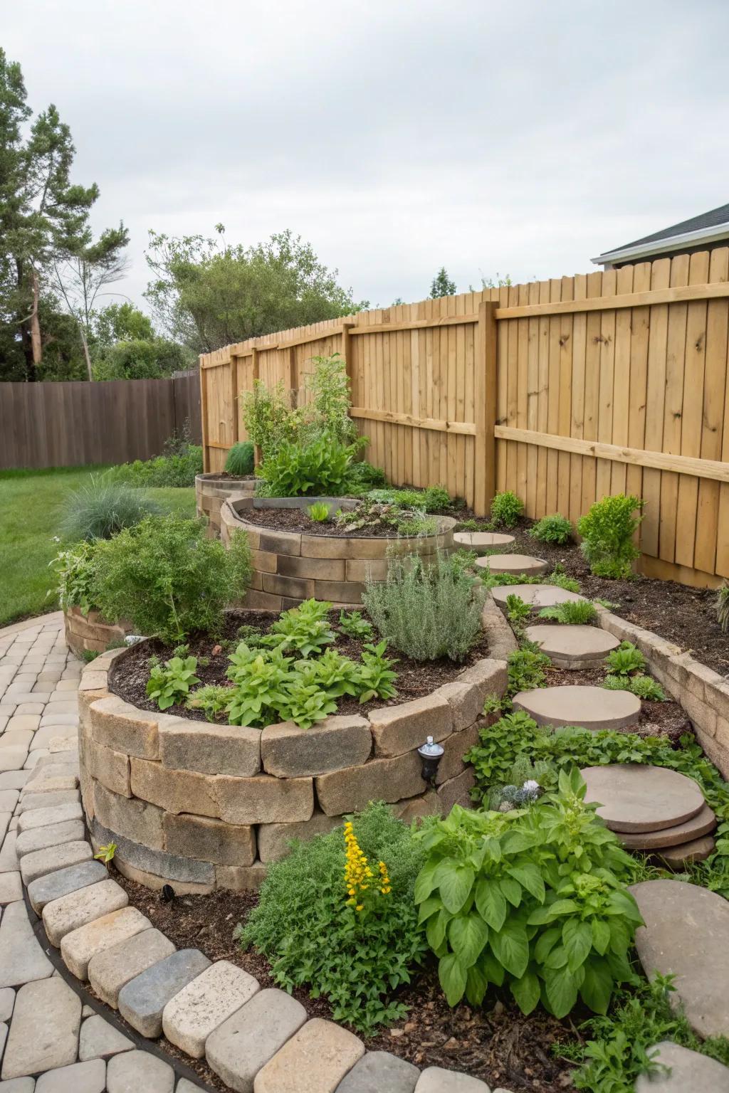 A herb spiral allows for diverse vegetation in a small space.
