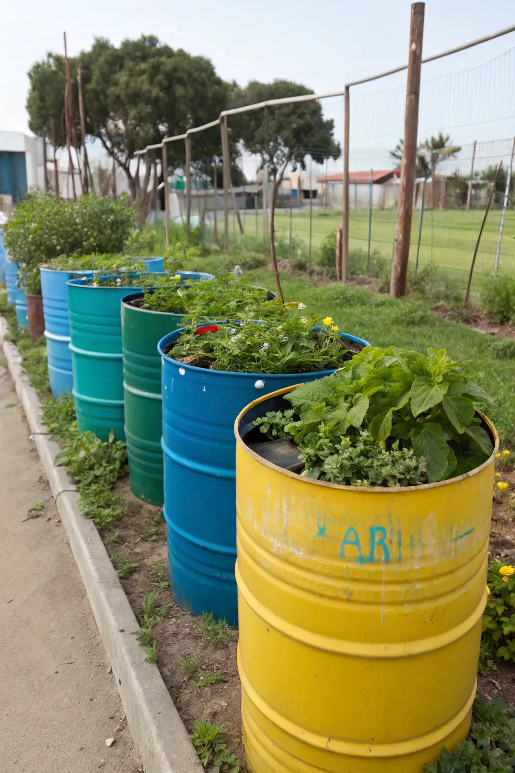 Recycled plastic containers are a useful and colorful choice for raised beds.