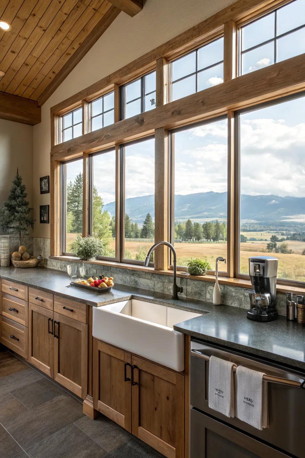 Modern farmhouse flair with large picture windows.