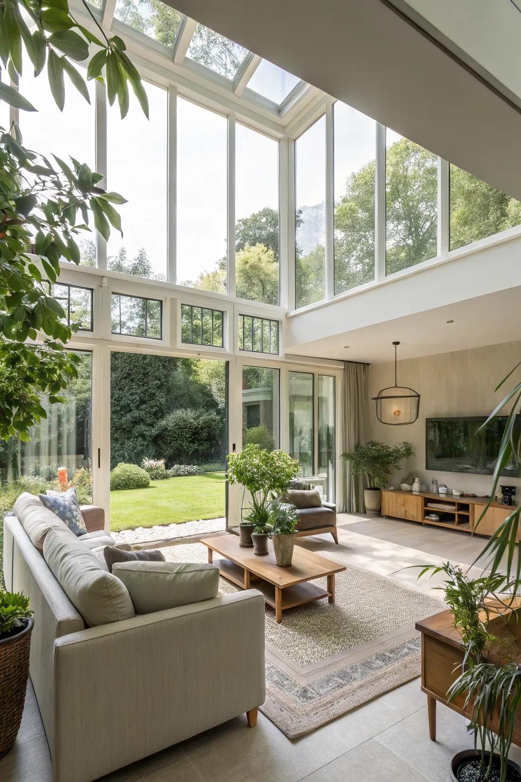 Big windows used effectively as room dividers in an open-plan space.