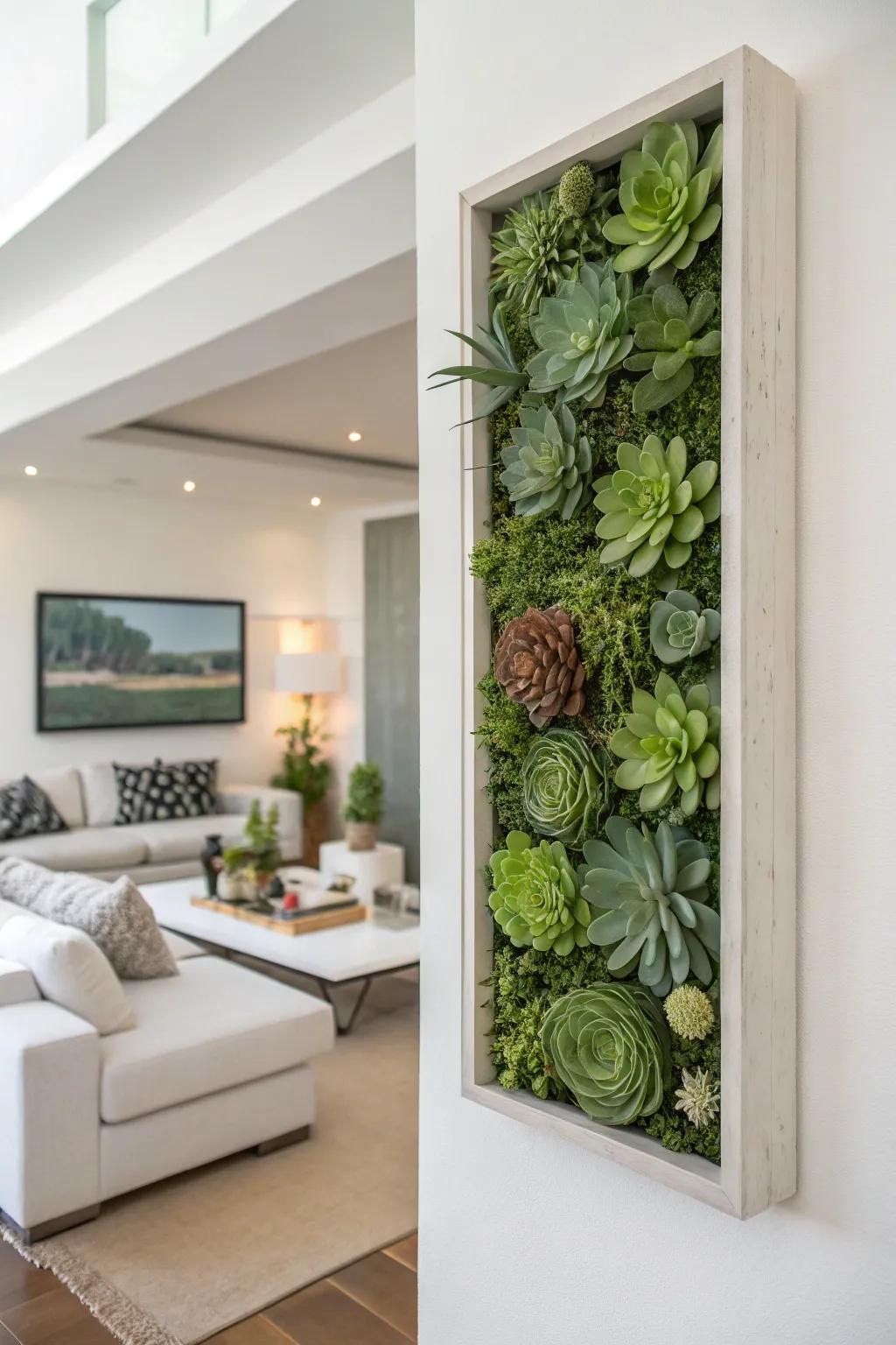 A vertical succulent garden acting as living wall art.