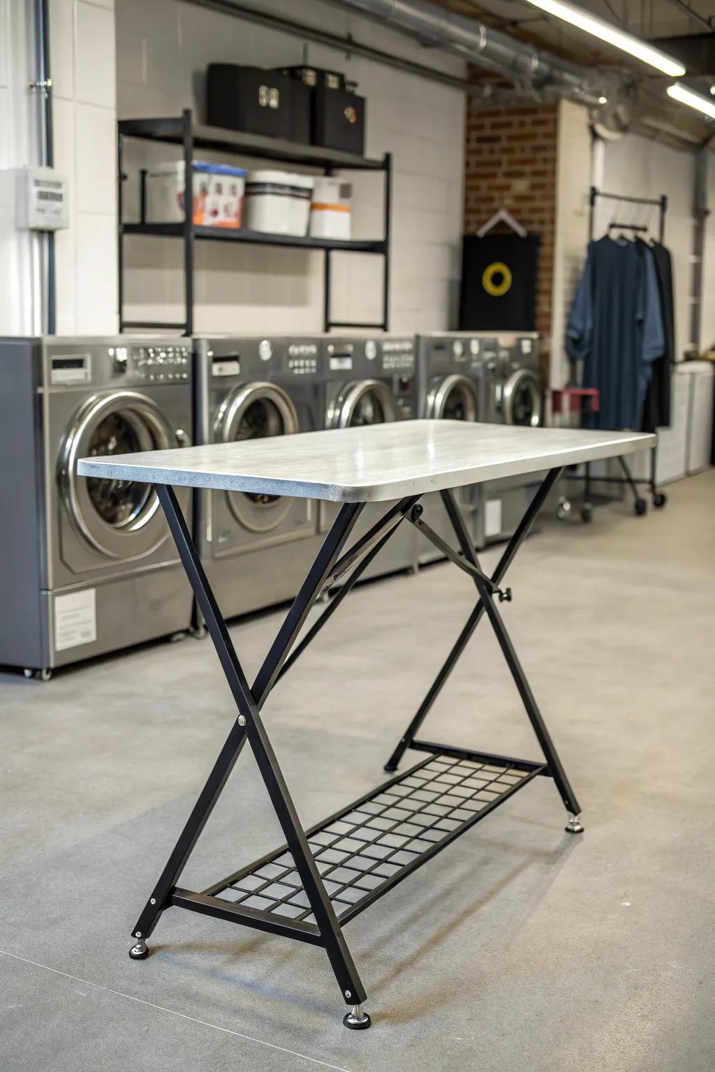An industrial table gives the room a modern touch.