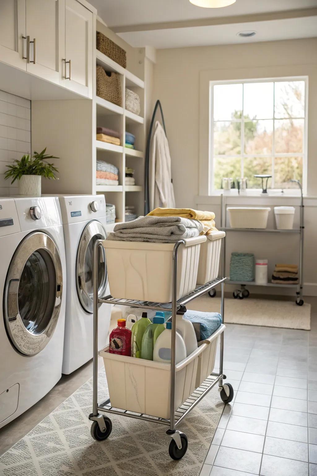 Mobility and convenience are provided by portable laundry carts.