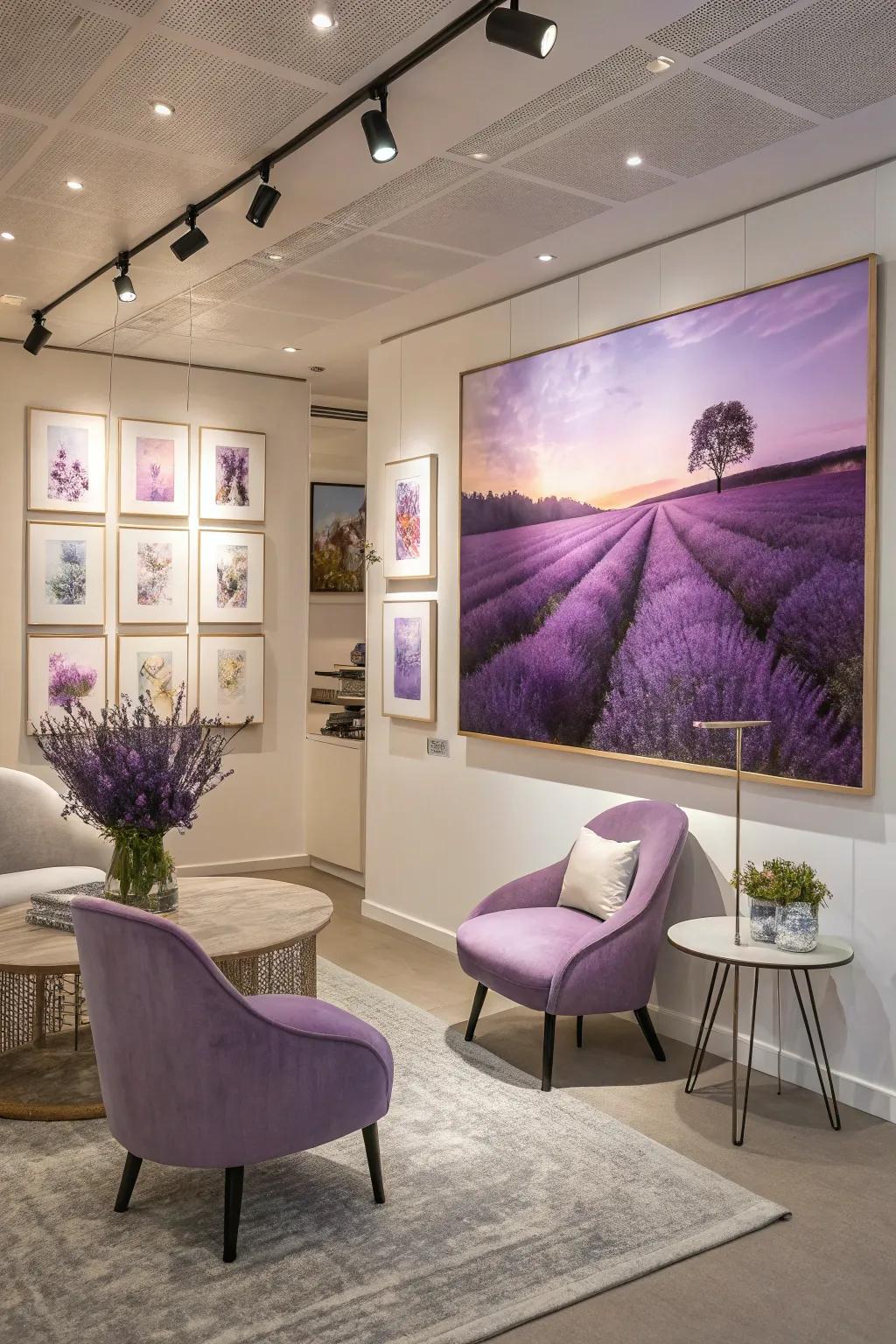 A modern room enhanced by art pieces with lavender and purple tones.