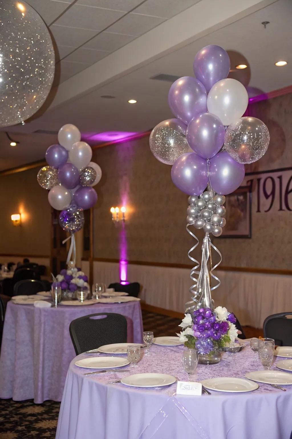 Balloon centerpieces that add a playful and festive vibe to the tables.