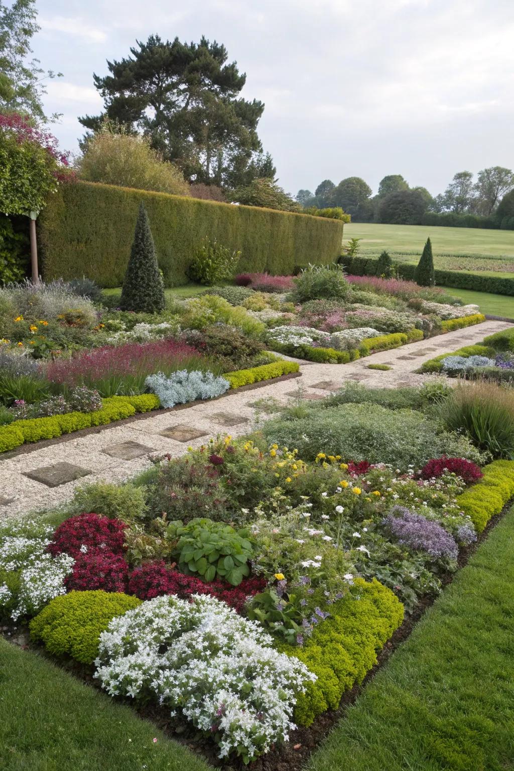 A variety of ground covers adding charm and texture to a garden space.