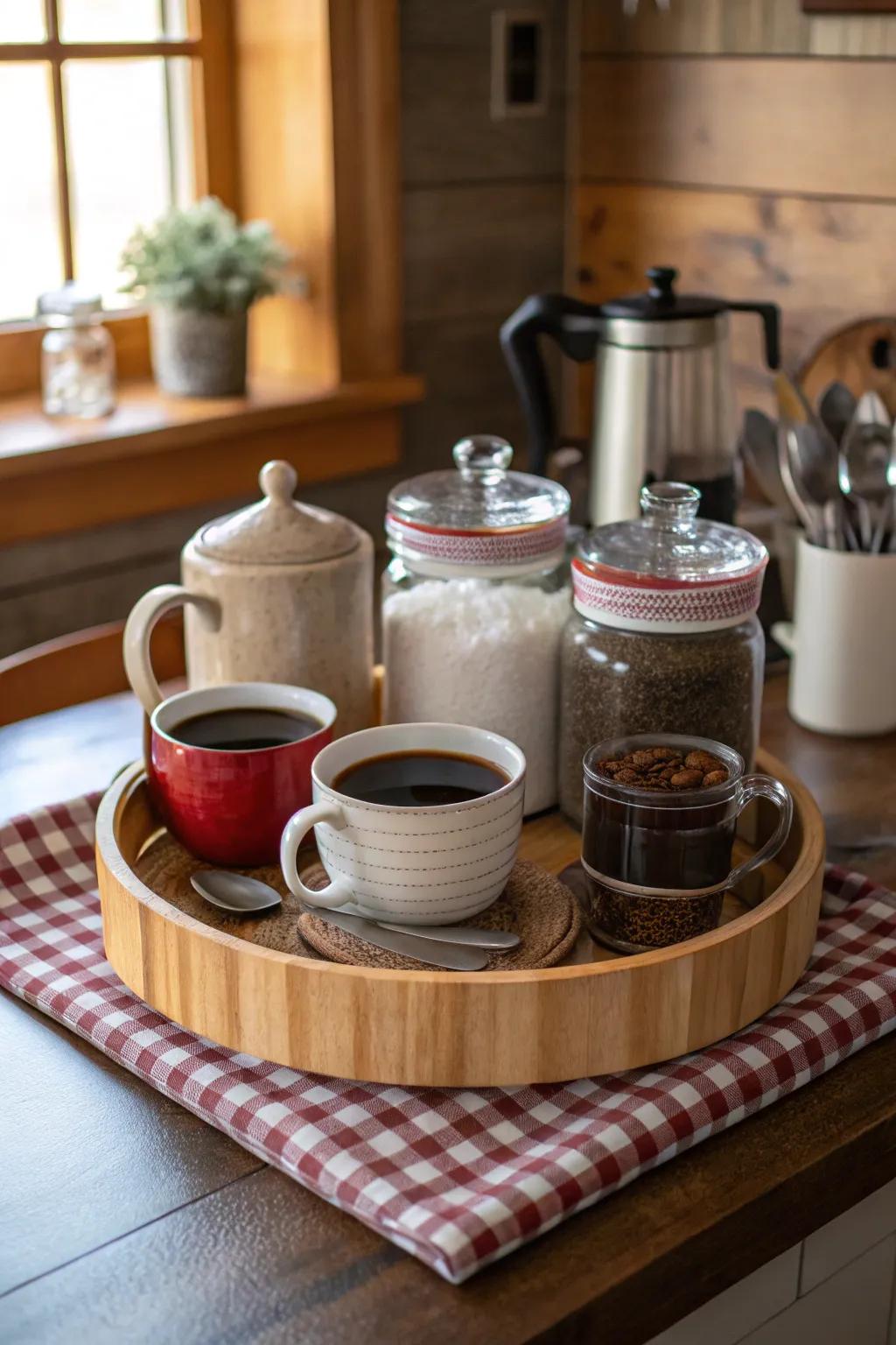A snug and arranged coffee spot presenting a rotating organizer.