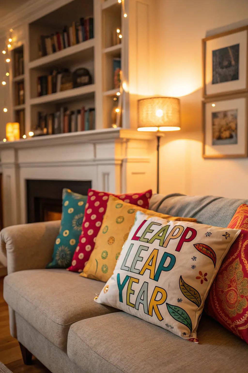 Leap Year-themed pillows spruce up your seating area.