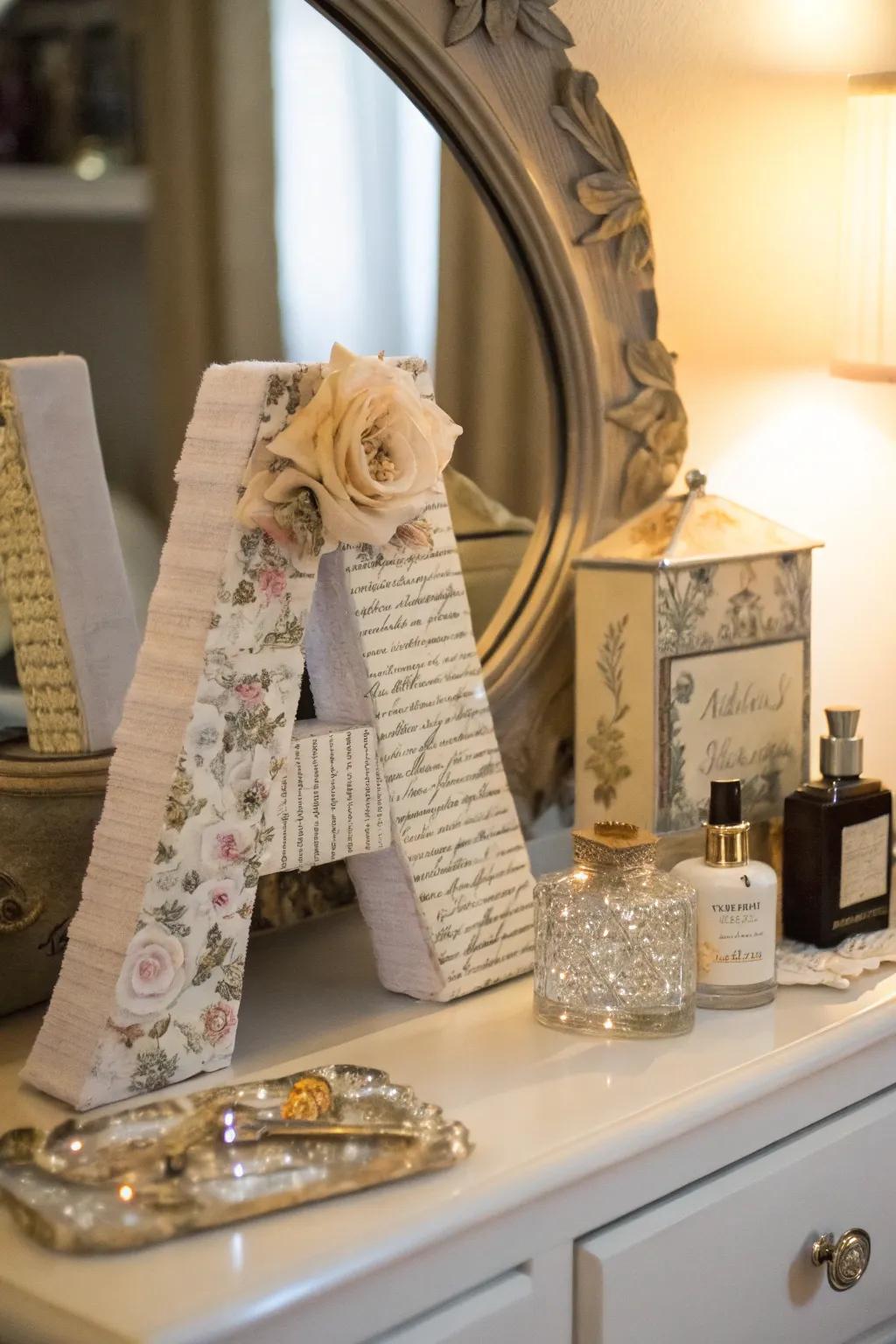 A fabric-wrapped letter for a touch of elegance.