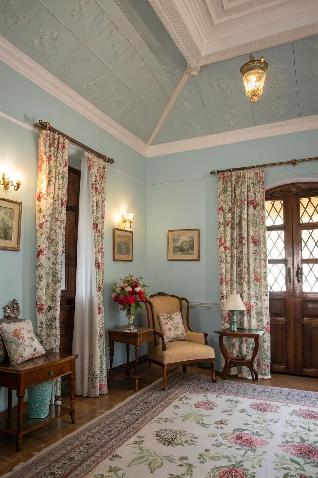 A vintage-inspired room with a charming light blue ceiling.