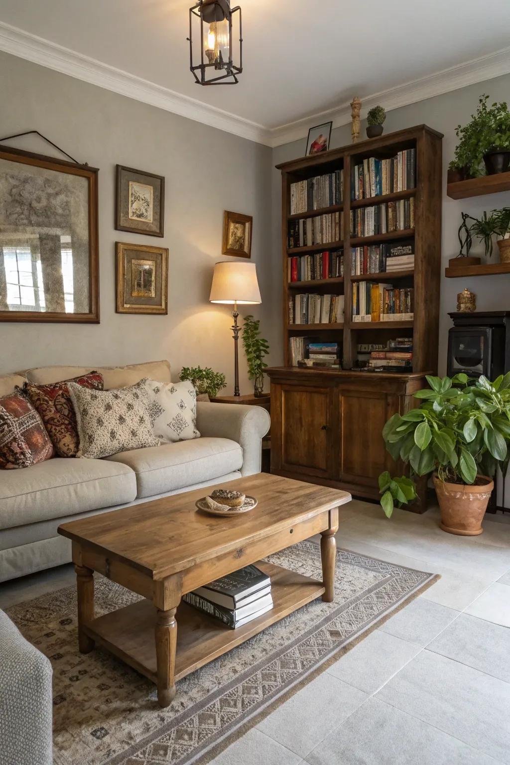 A timeless living room featuring light grey flooring and vintage accents.