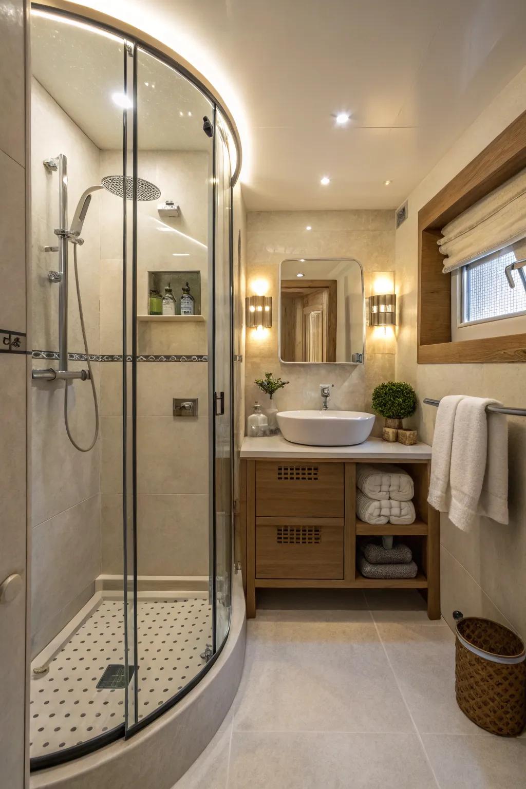 A curved shower frame enhances flow in a small bathroom.