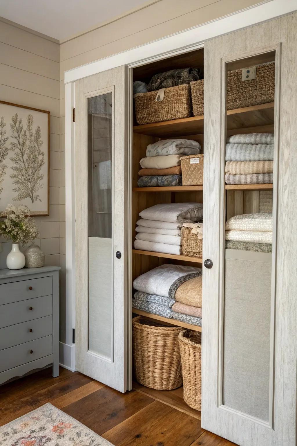 Cloth panels adding warmth and texture to a linen storage.