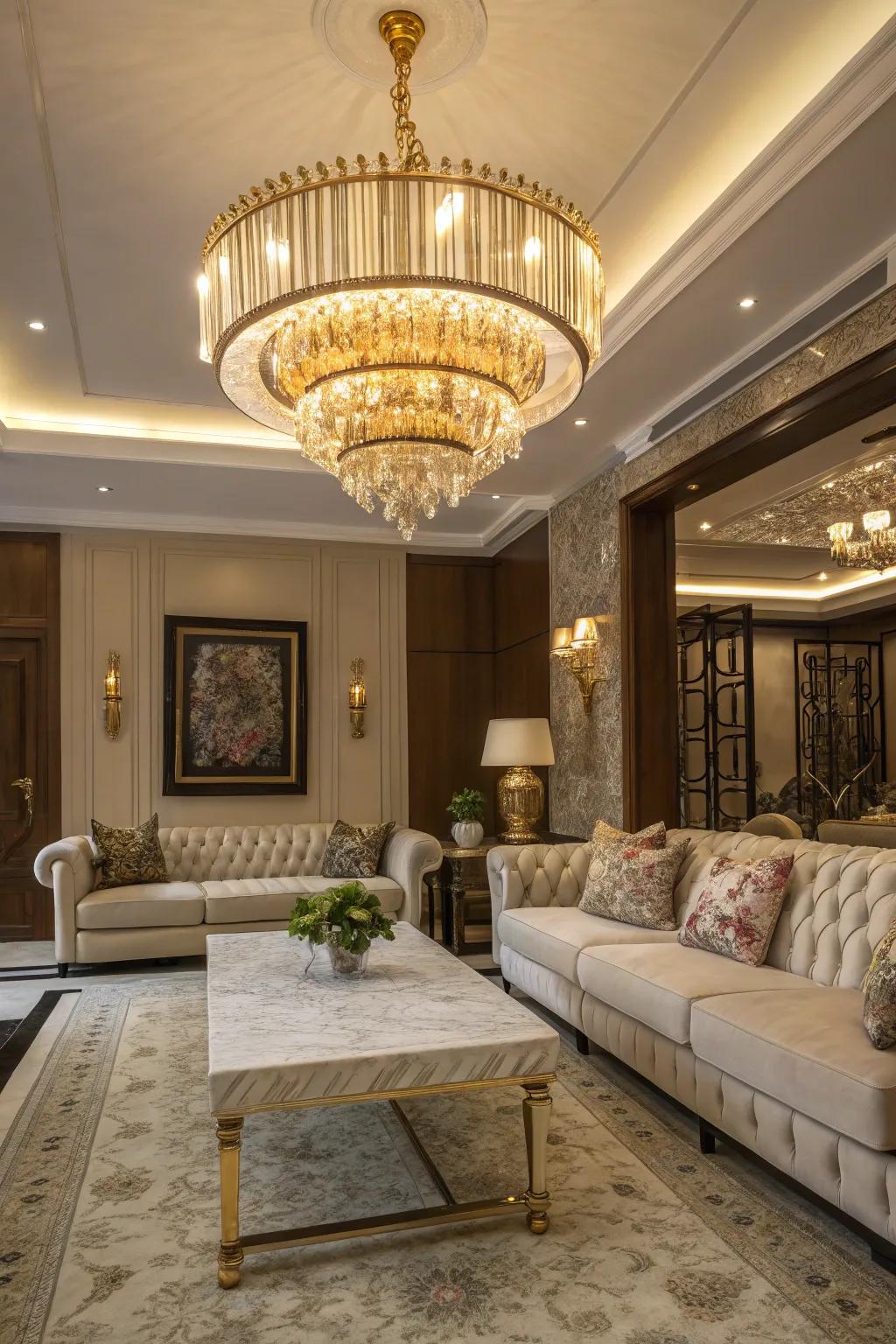 A luxurious living room showcasing a chandelier with golden touches.