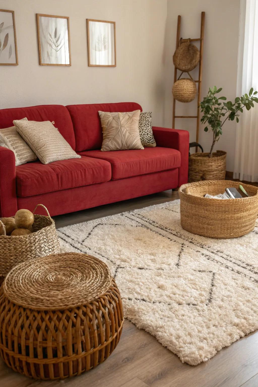 Balancing the sleek look of a red sofa, rough-hewn elements introduce depth and interest.