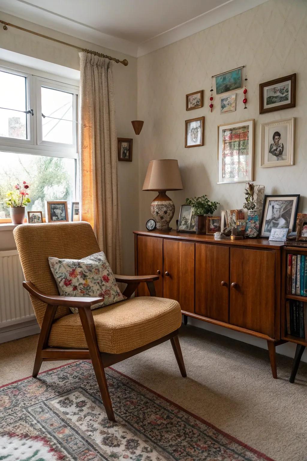 Old-fashioned furniture contributes a nostalgic feel to a contemporary family room.