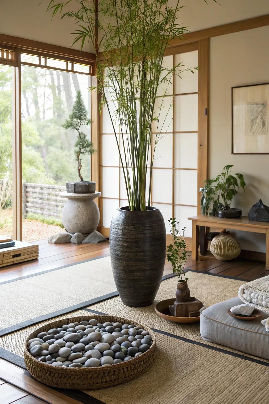 Zen-inspired arrangements with bamboo and stones deliver tranquility to a living space corner.